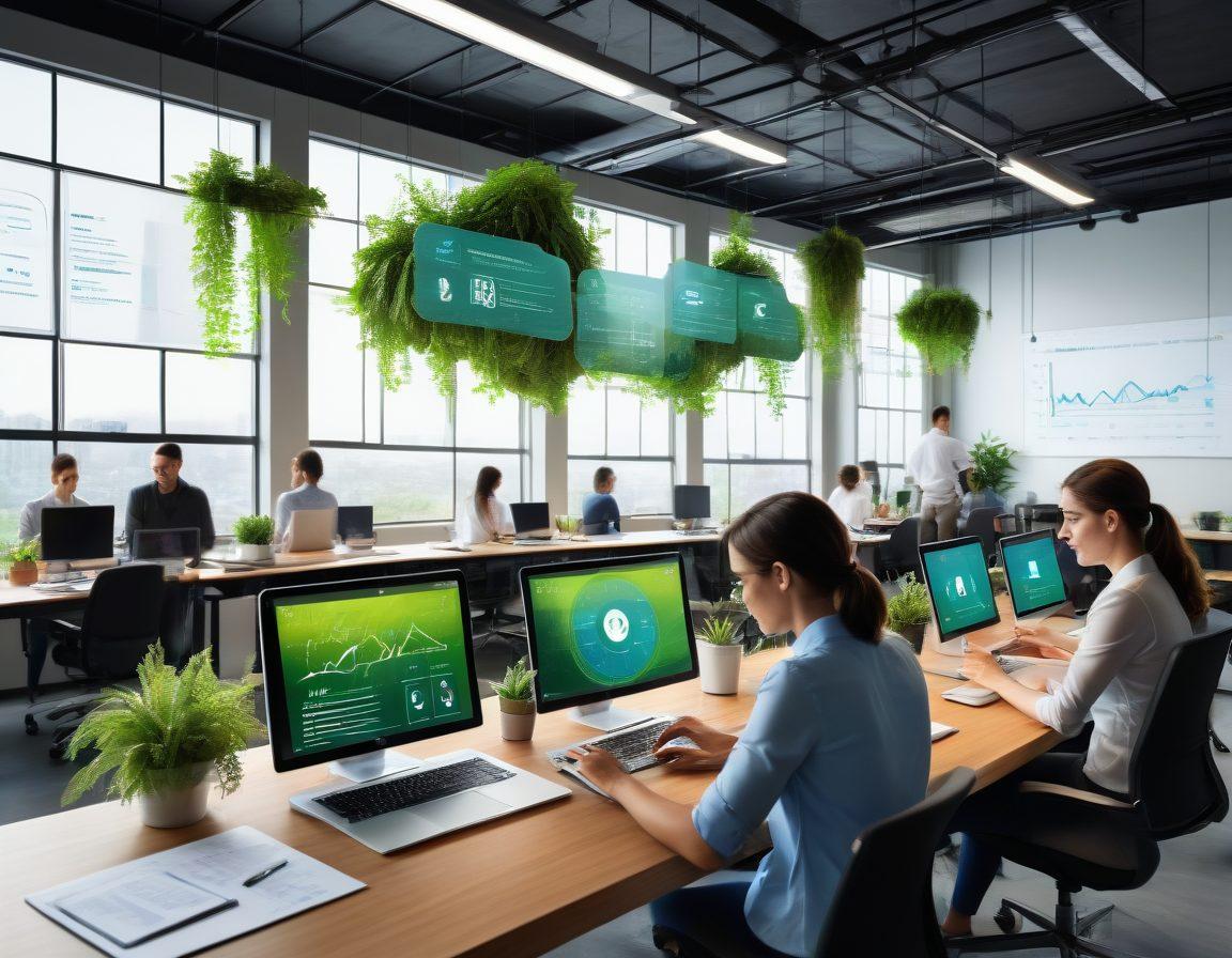A modern office scene showcasing diverse employees engaging with cloud HR technologies on laptops and tablets, with visual elements like floating digital interfaces and data analytics graphs. The backdrop features an open workspace with plants and large windows, symbolizing a seamless transition from onboarding to performance management. The atmosphere is vibrant and collaborative. super-realistic. vibrant colors. 3D.