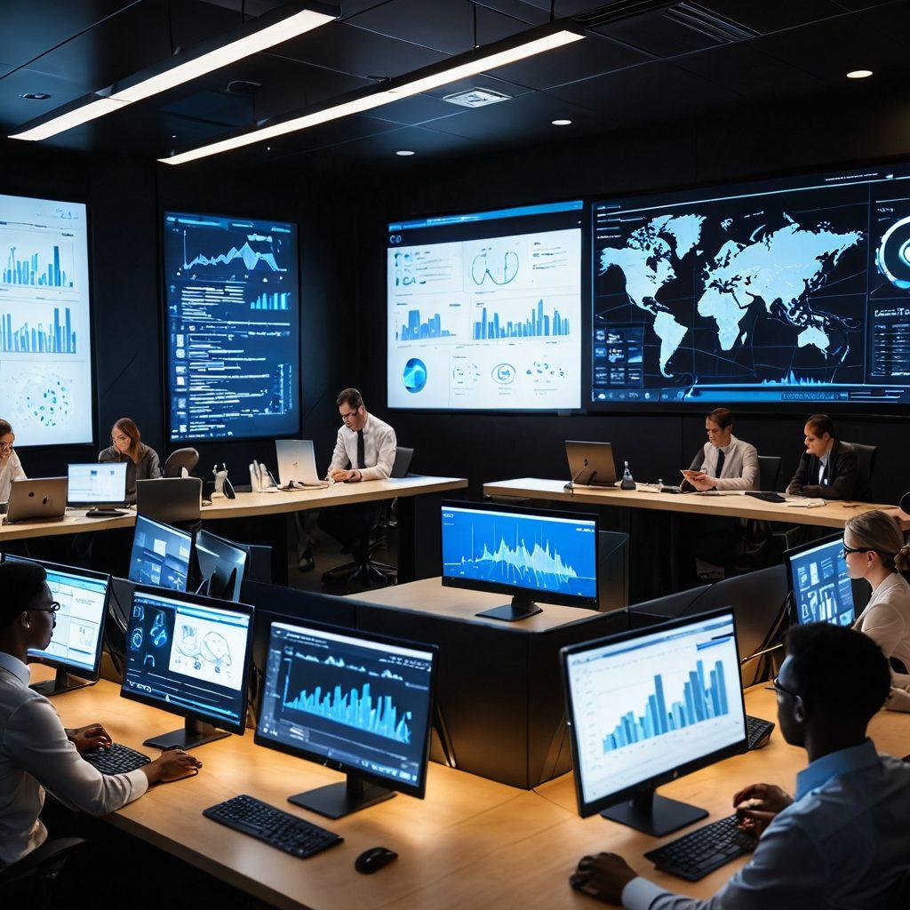 A modern office setting with diverse employees analyzing data on screens, overlayed with dynamic graphs and charts representing HR analytics. The atmosphere conveys a sense of collaboration and innovation, with futuristic technology elements like holographic displays. Warm lighting accentuates a high-tech environment. Include icons symbolizing teamwork and digital transformation. vibrant colors. super-realistic.