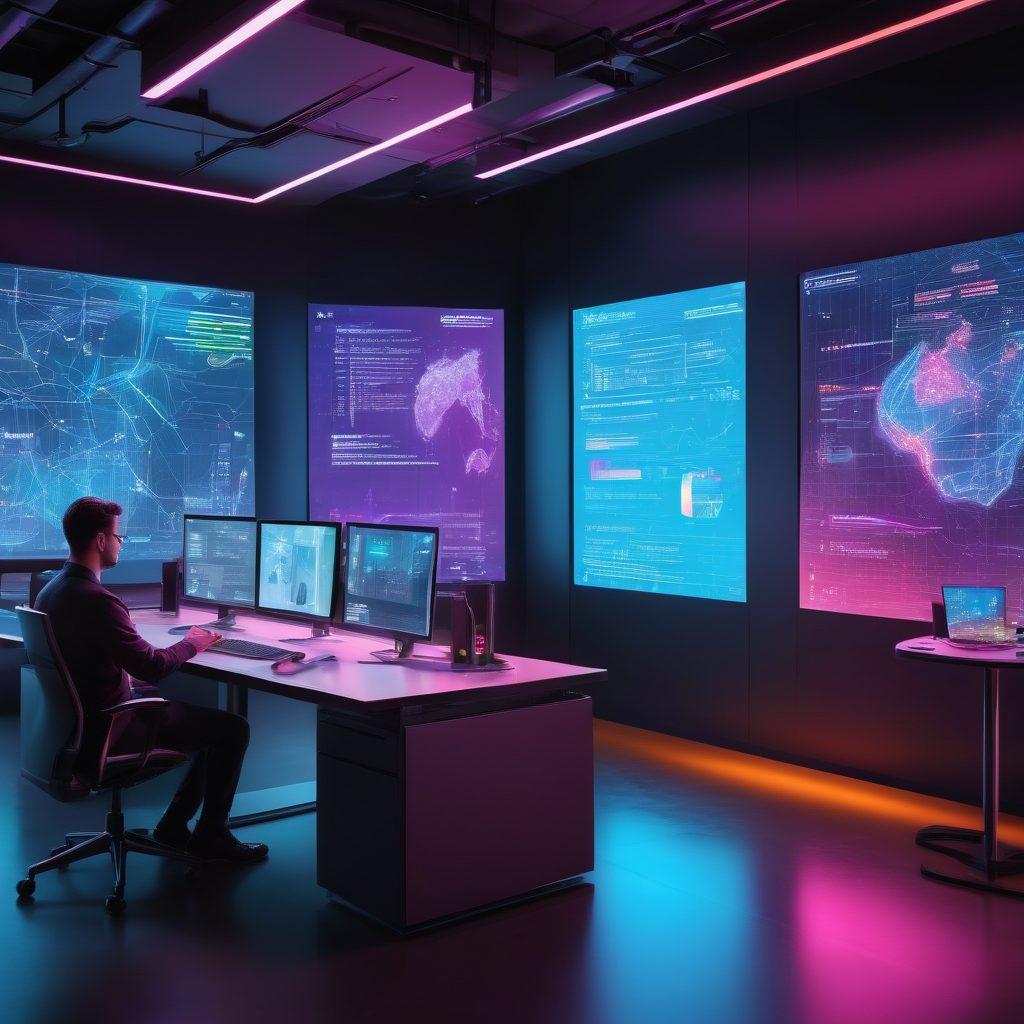 A futuristic office space showcasing digital HR solutions in action, with employees interacting with holographic interfaces, analyzing employee data on transparent screens, and engaging in virtual meetings. Incorporate elements like robots assisting with tasks, vibrant digital charts in the background, and a collaborative atmosphere. The scene should reflect innovation, technology, and efficiency. cyberpunk. vibrant colors. 3D.